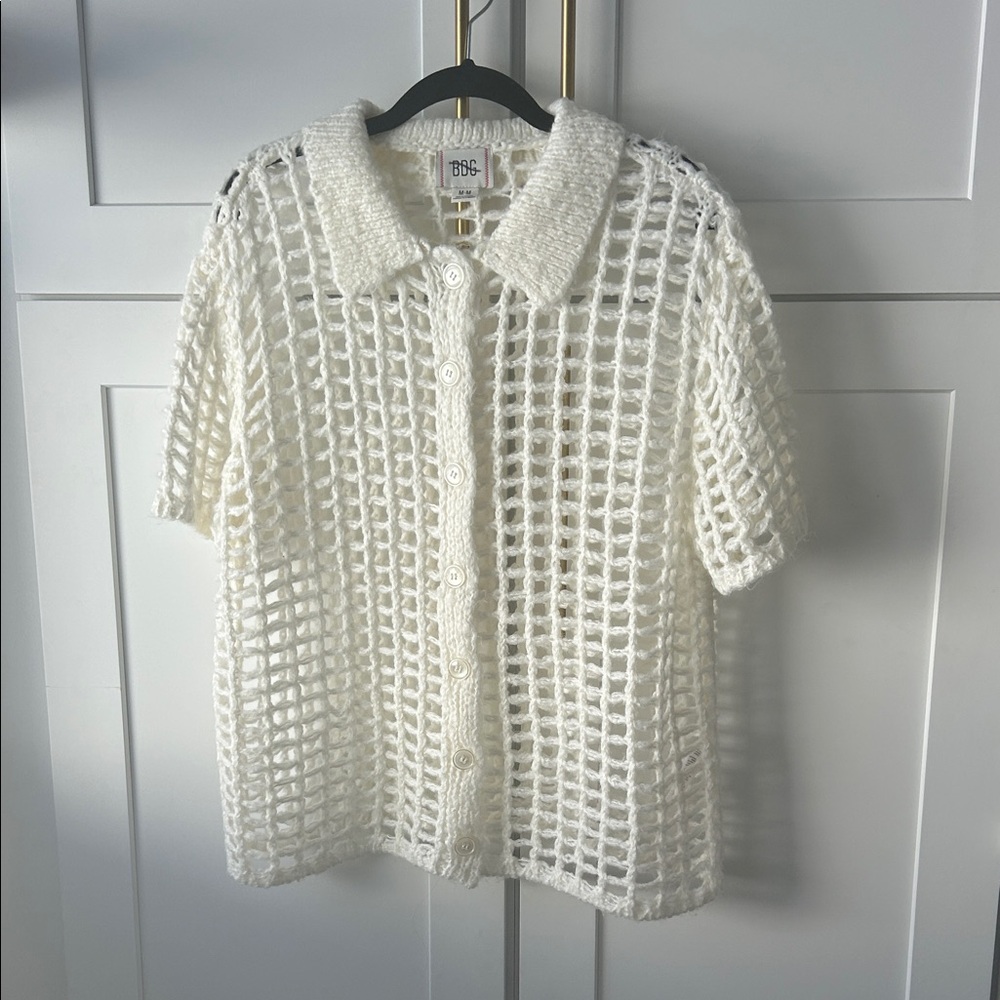BDG Ivory Crochet Netted Knit Sweater Button Down